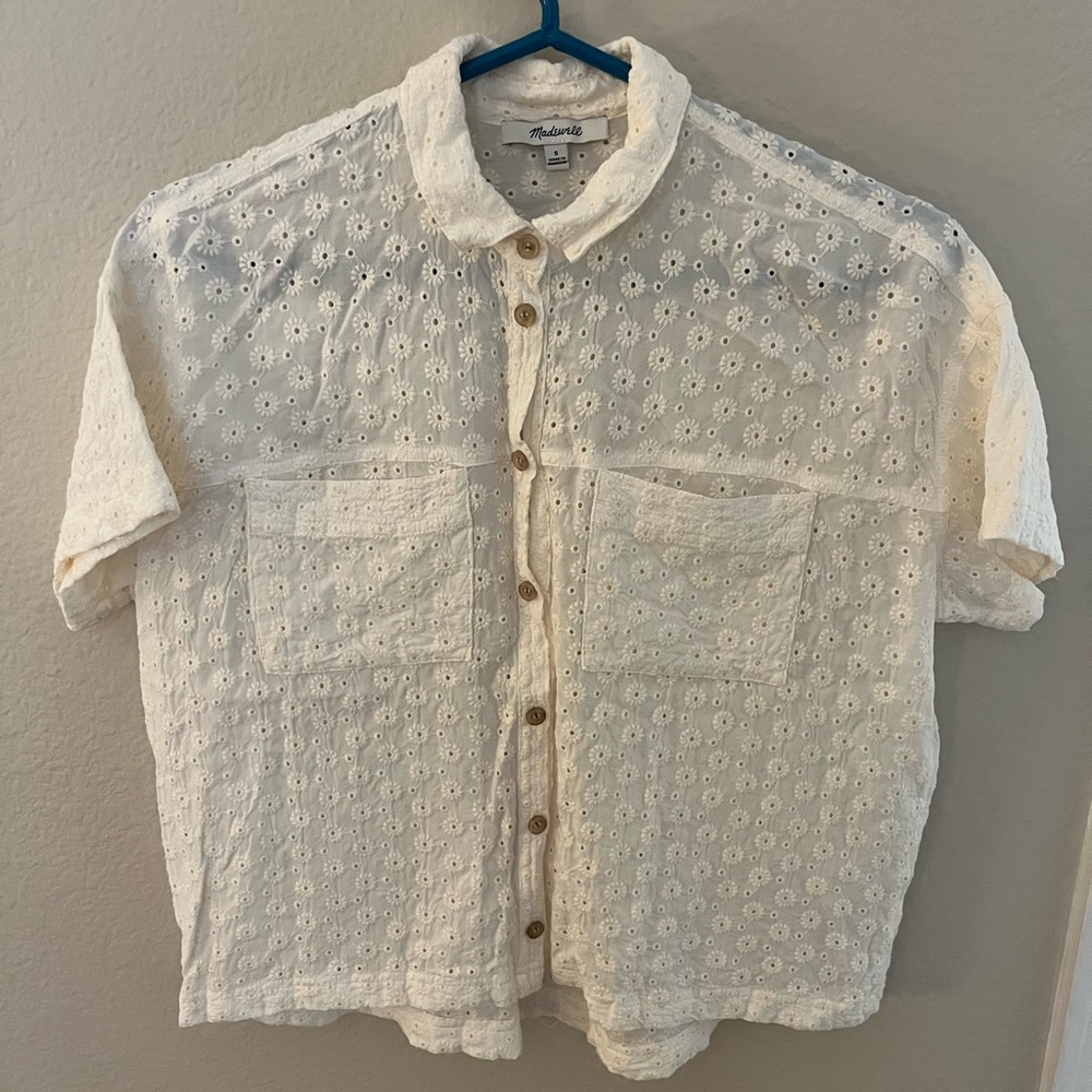 Madewell Cream Eyelet Button-Front Short Sleeve Shirt
